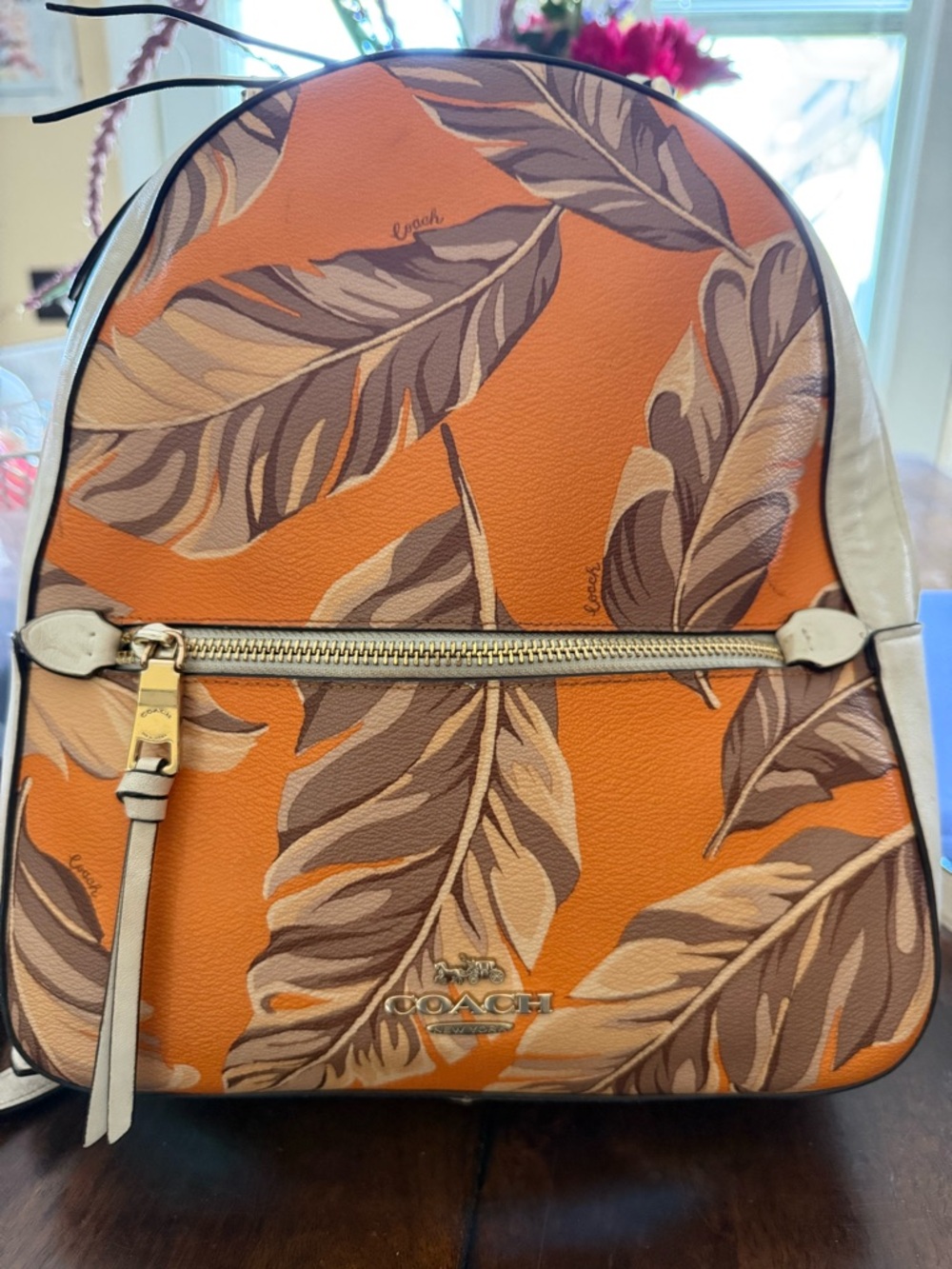 Coach Orange Leaf Print Backpack